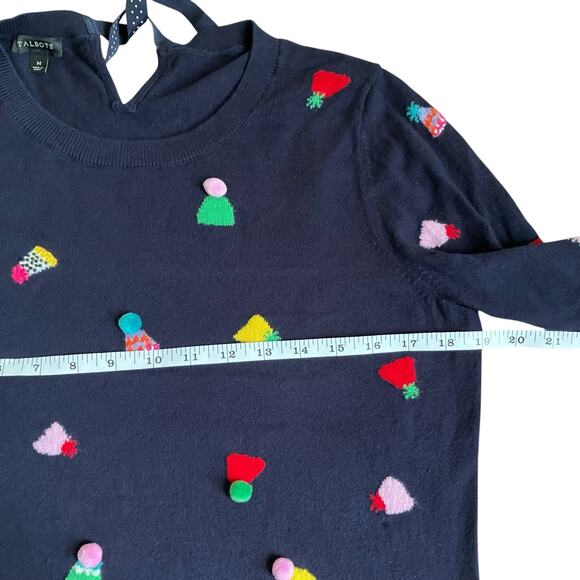 Talbots Sz M Party Hat Scoop Neck Sweater Navy with Multicolor Birthday Holiday - Picture 16 of 16